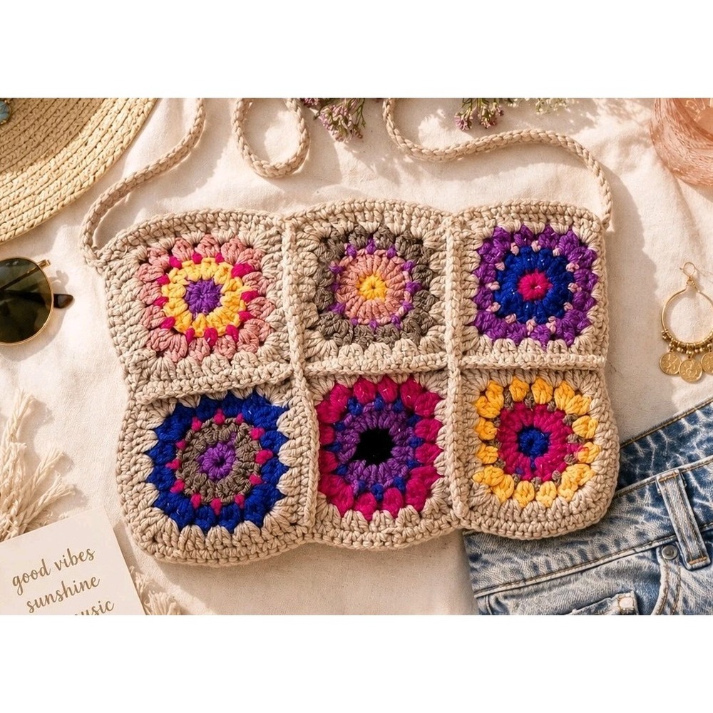 Crossbody Purse Crochet Granny Square Boho Hippie Festival Bag Colorful Lined